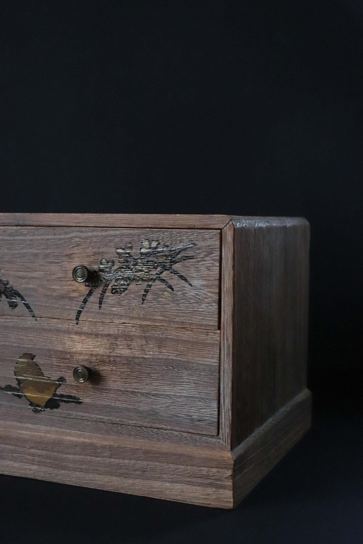 Vintage Japanese Aizu Kiri Paulownia Wood Two Drawer Chest, Floral and Butterfly Inlay, Traditional Wooden Jewelry Box