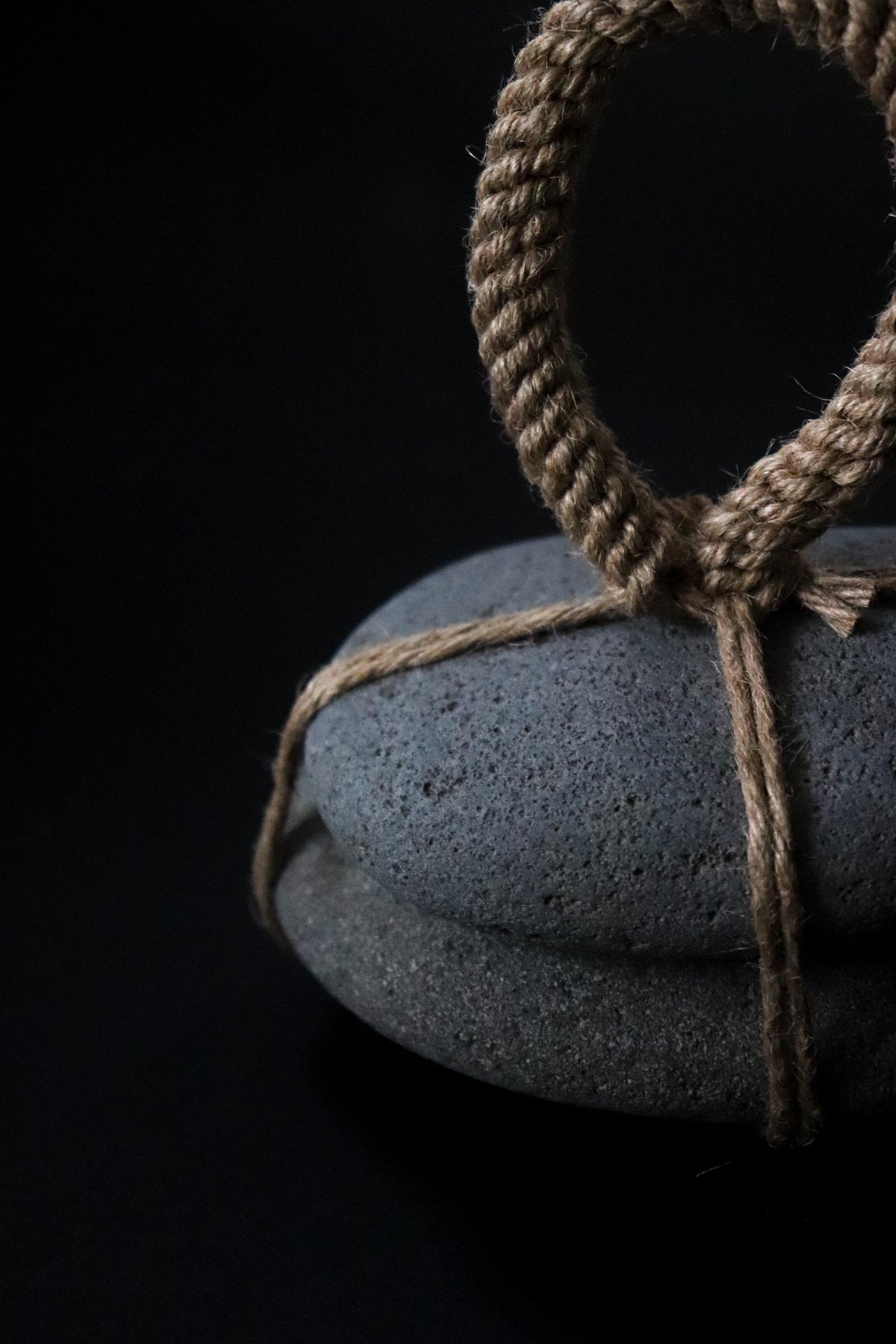 Japanese Sekimori-ishi Barrier Stone, Double Niigata Natural Stone with Hemp Cord, Wabi Sabi Sculptural Object