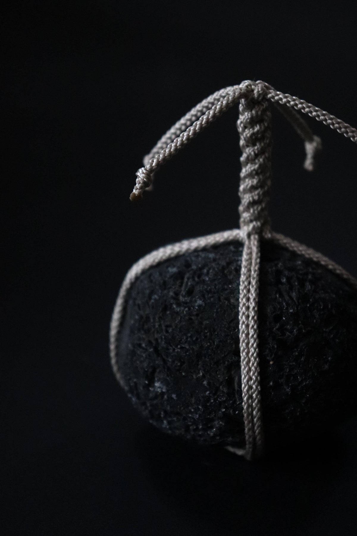 Japanese Sekimori-ishi Barrier Stone, Hokkaido Obsidian with Edo-Style Braided Cord, Wabi Sabi Garden Object