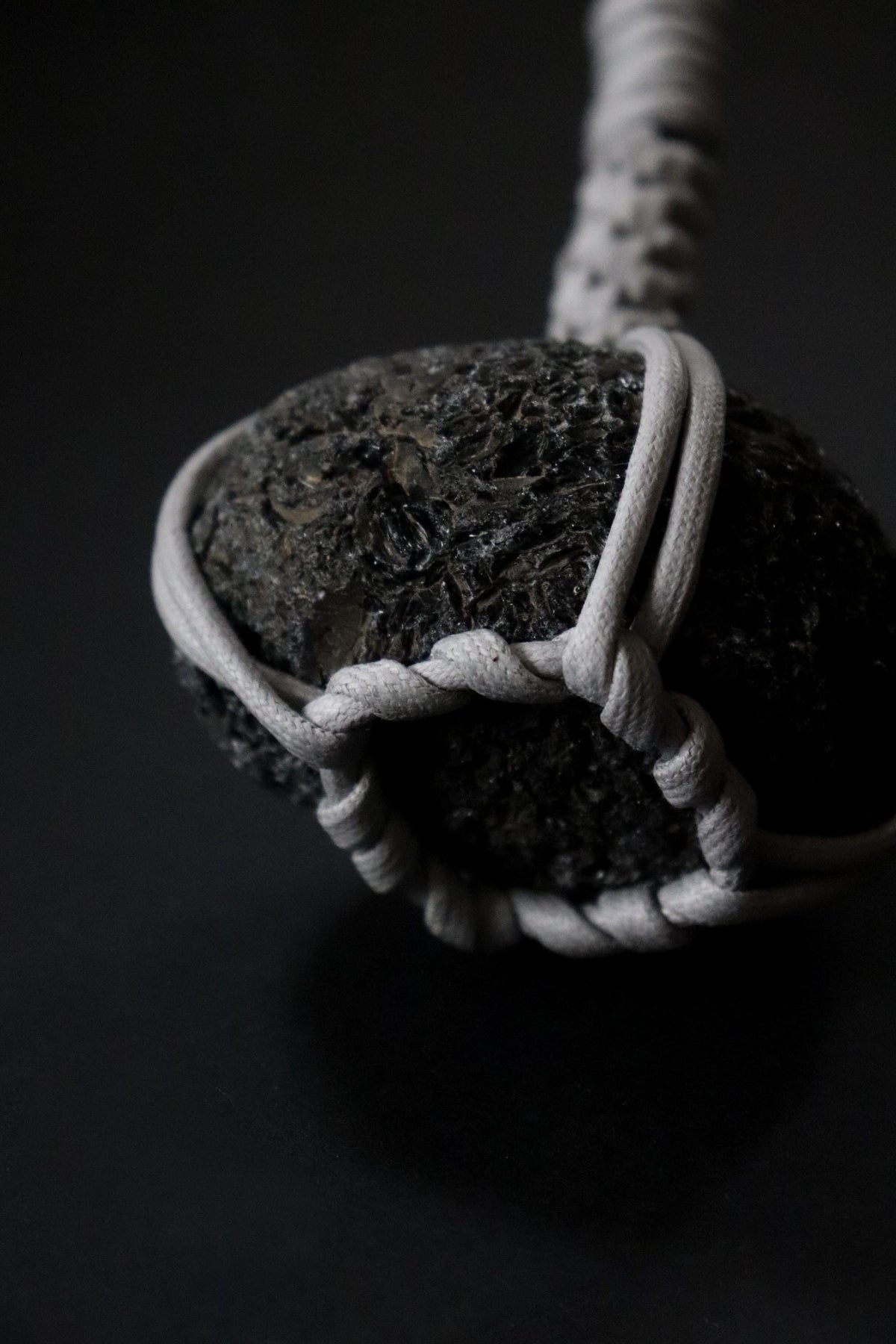Japanese Sekimori-ishi Barrier Stone, Hokkaido Obsidian with White Waxed Cord, Wabi Sabi Garden Object
