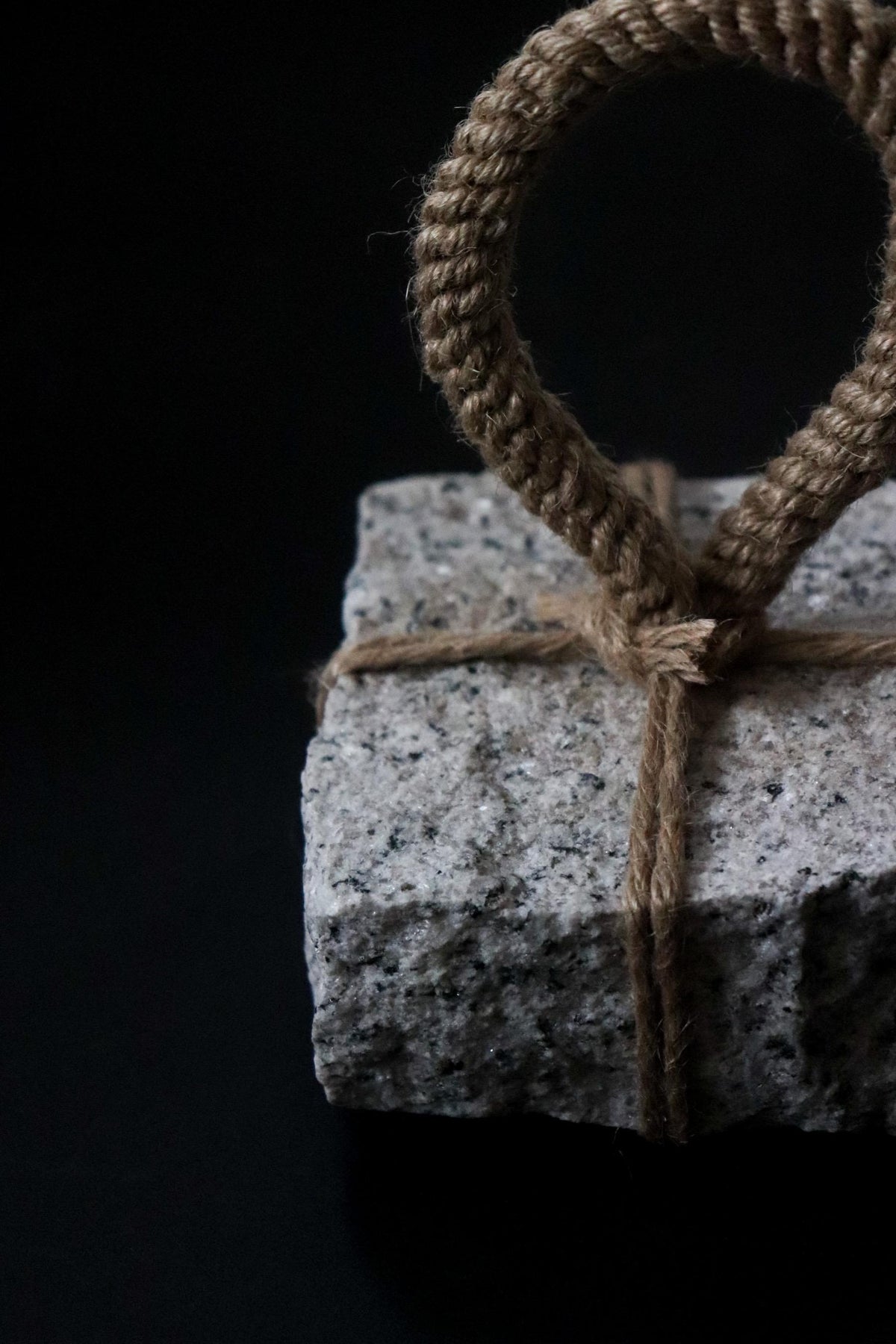 Japanese Sekimori-ishi Barrier Stone, Square Natural Stone with Hemp Cord, Wabi Sabi Sculptural Object