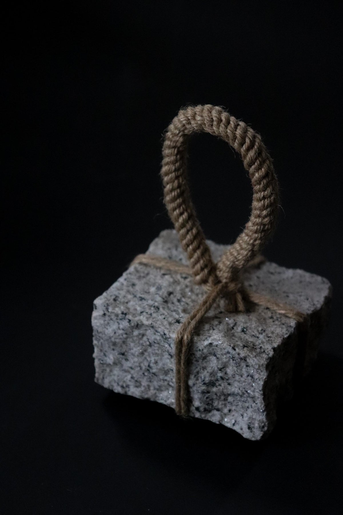 Japanese Sekimori-ishi Barrier Stone, Square Natural Stone with Hemp Cord, Wabi Sabi Sculptural Object