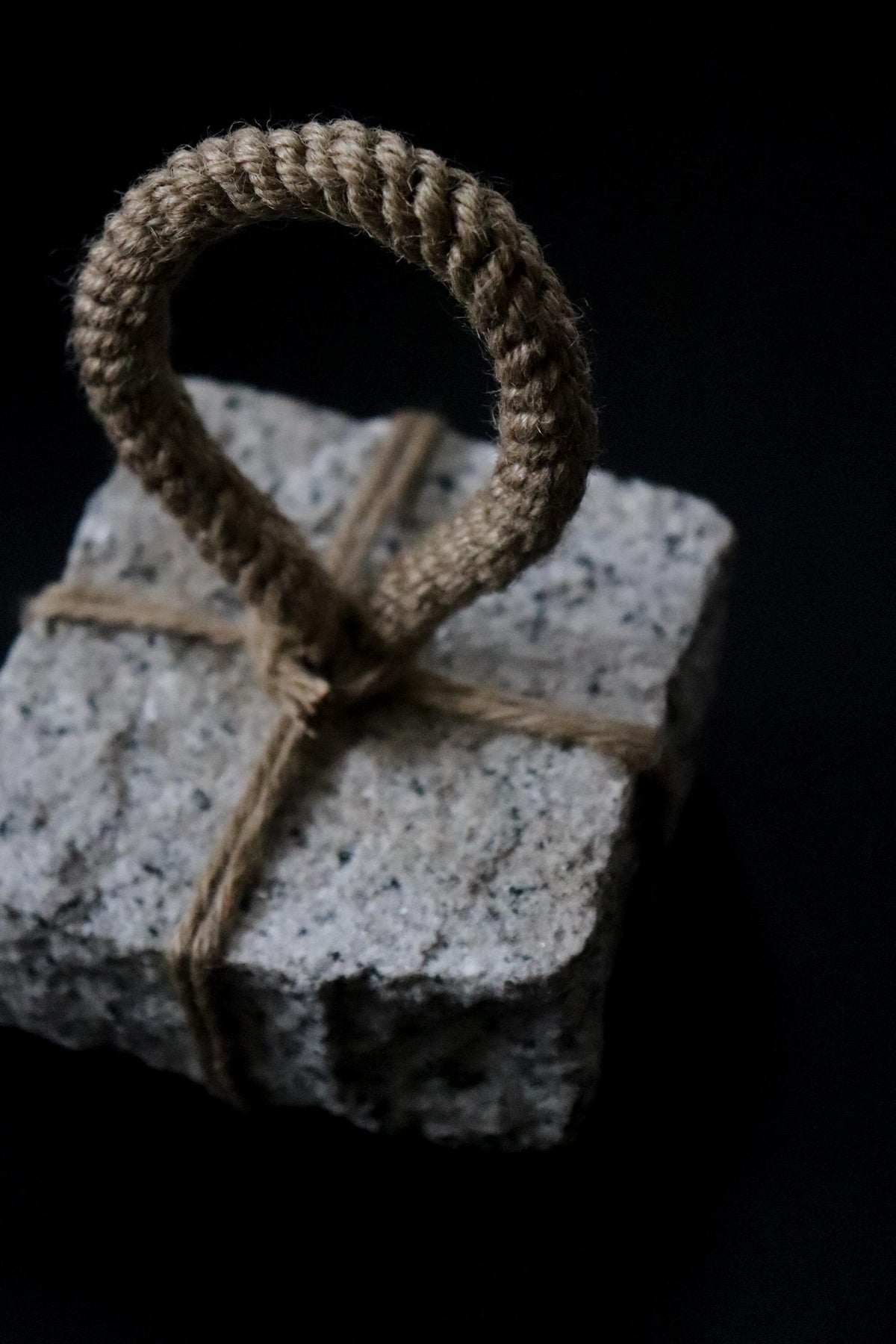 Japanese Sekimori-ishi Barrier Stone, Square Natural Stone with Hemp Cord, Wabi Sabi Sculptural Object