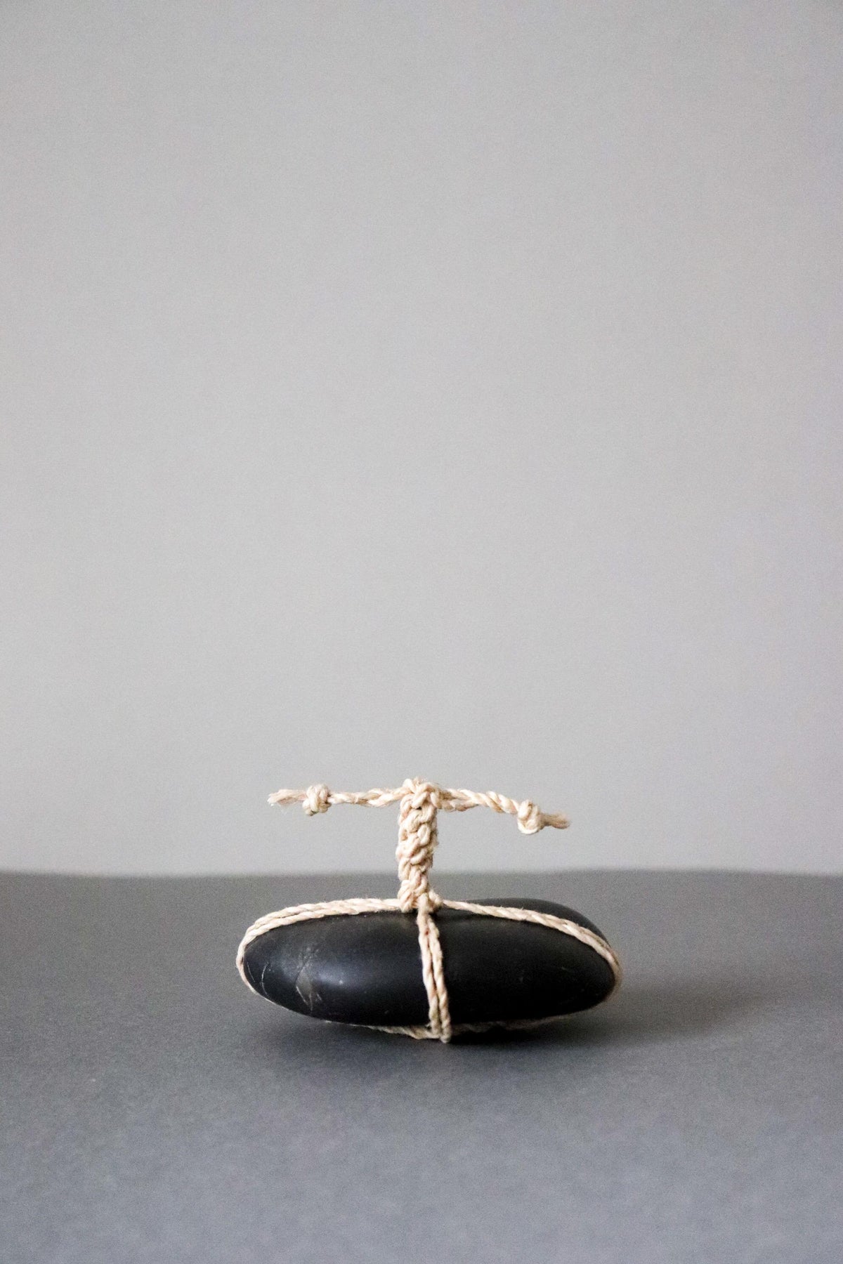 Japanese Sekimori-ishi Barrier Stone, Polished Nachiguro Stone with Hand-Braided Seima Hemp, Wabi Sabi Object