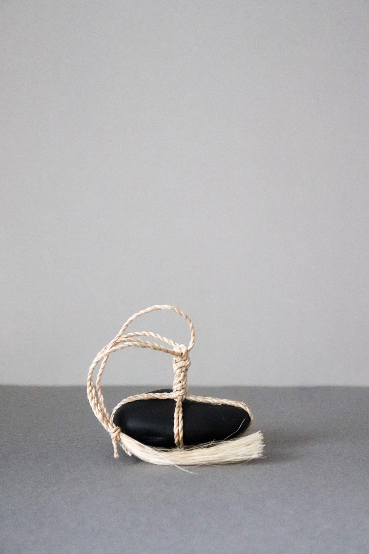 Japanese Sekimori-ishi Barrier Stone, Polished Nachiguro Stone with Hand-Braided Seima Hemp, Wabi Sabi Object