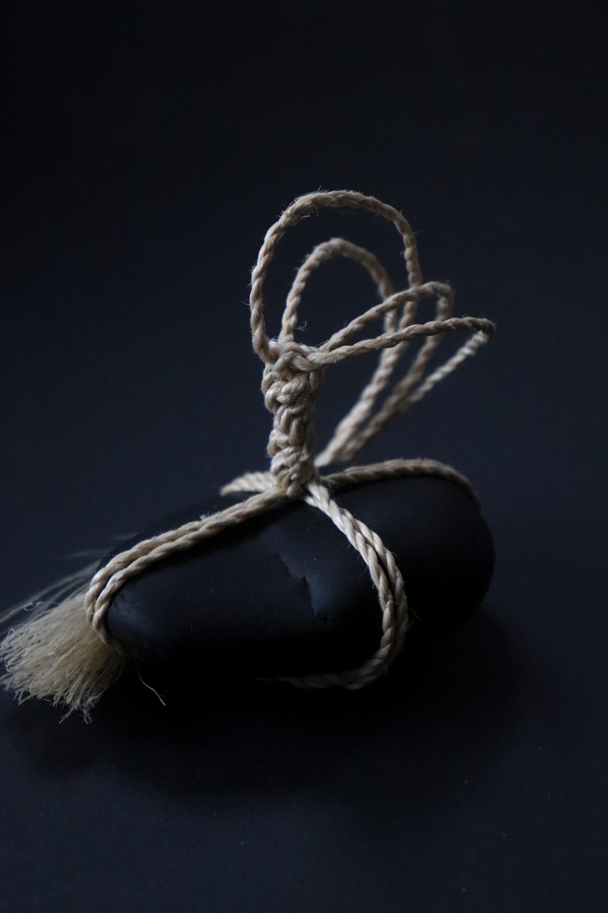 Japanese Sekimori-ishi Barrier Stone, Polished Nachiguro Stone with Hand-Braided Seima Hemp, Wabi Sabi Object