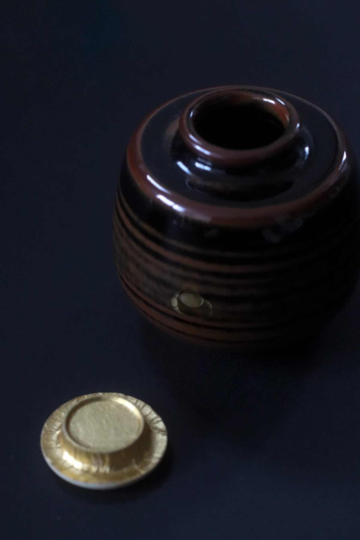 Vintage Japanese Chaire Tea Caddy, Striped Brown Glaze, Signed Ceramic, Shifuku Pouch, Japanese Tea Ceremony Utensil