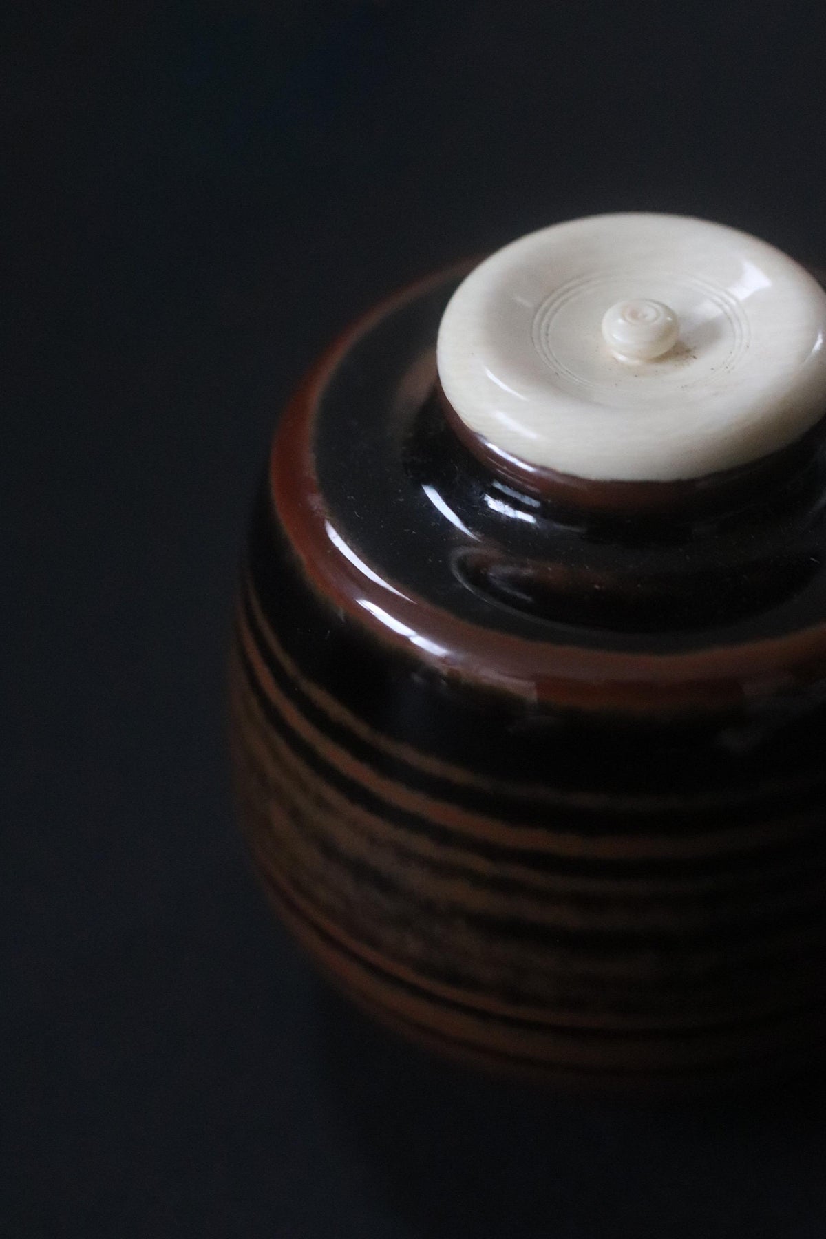 Vintage Japanese Chaire Tea Caddy, Striped Brown Glaze, Signed Ceramic, Shifuku Pouch, Japanese Tea Ceremony Utensil