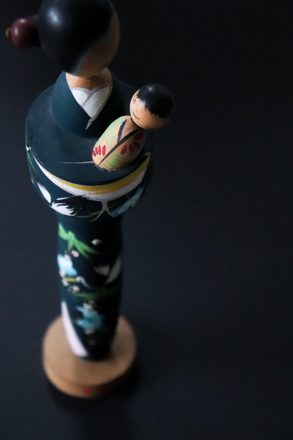 Vintage Dazaifu Japanese Mother & Child Kokeshi Doll, Crane Motif Wooden Folk Art, 24cm