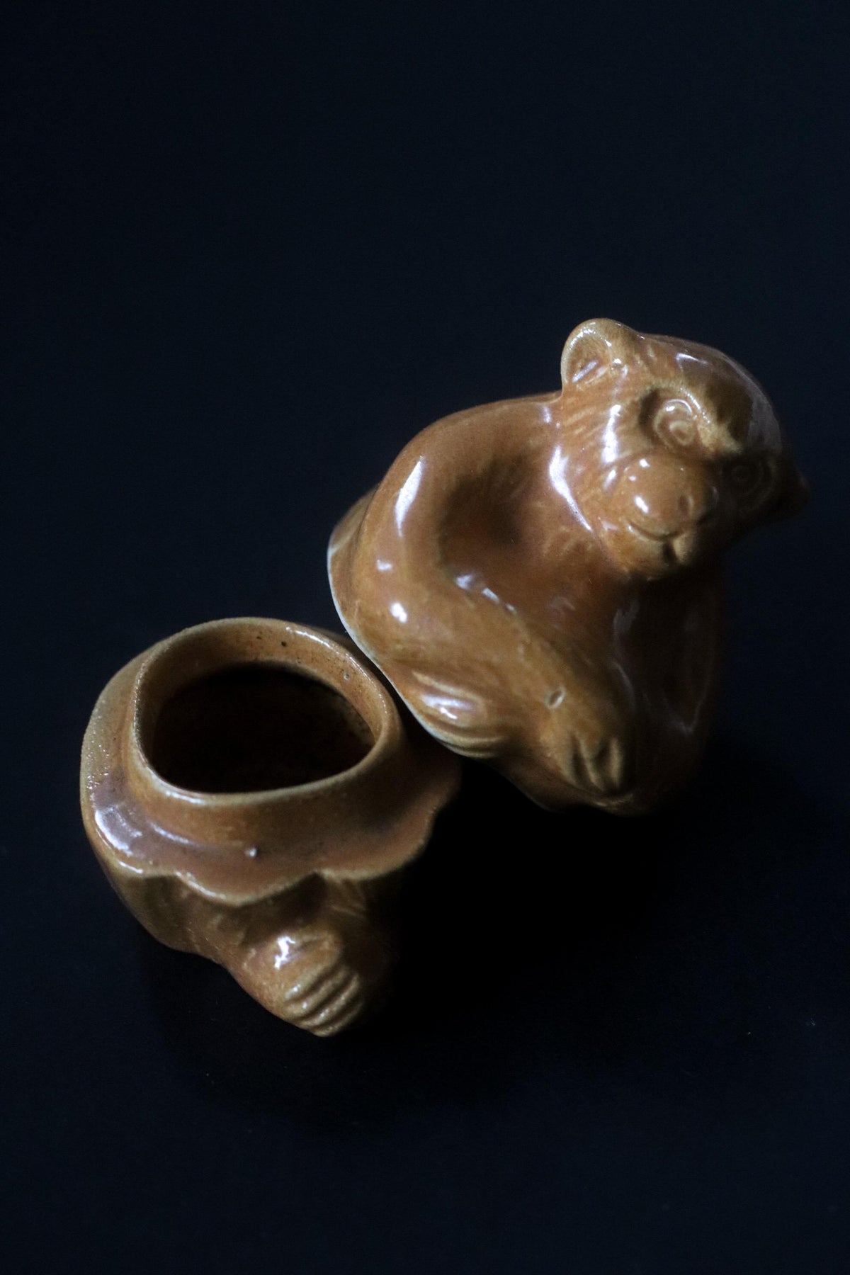 Vintage Japanese Monkey Kogo Incense Container, Ceramic Monkey Sculpture, Signed Japanese Pottery, Tea Ceremony Object