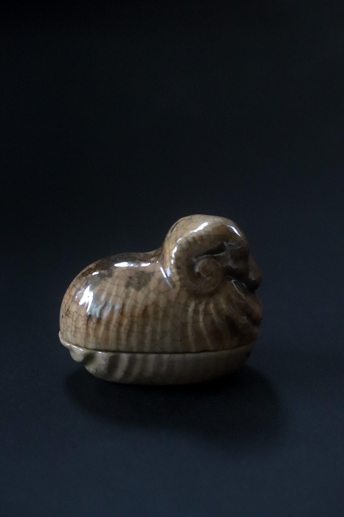 Vintage Japanese Kogo Incense Container, Sculptural Zodiac Sheep Ceramic, Crackle Glaze, Japanese Tea Ceremony Object, Original Box