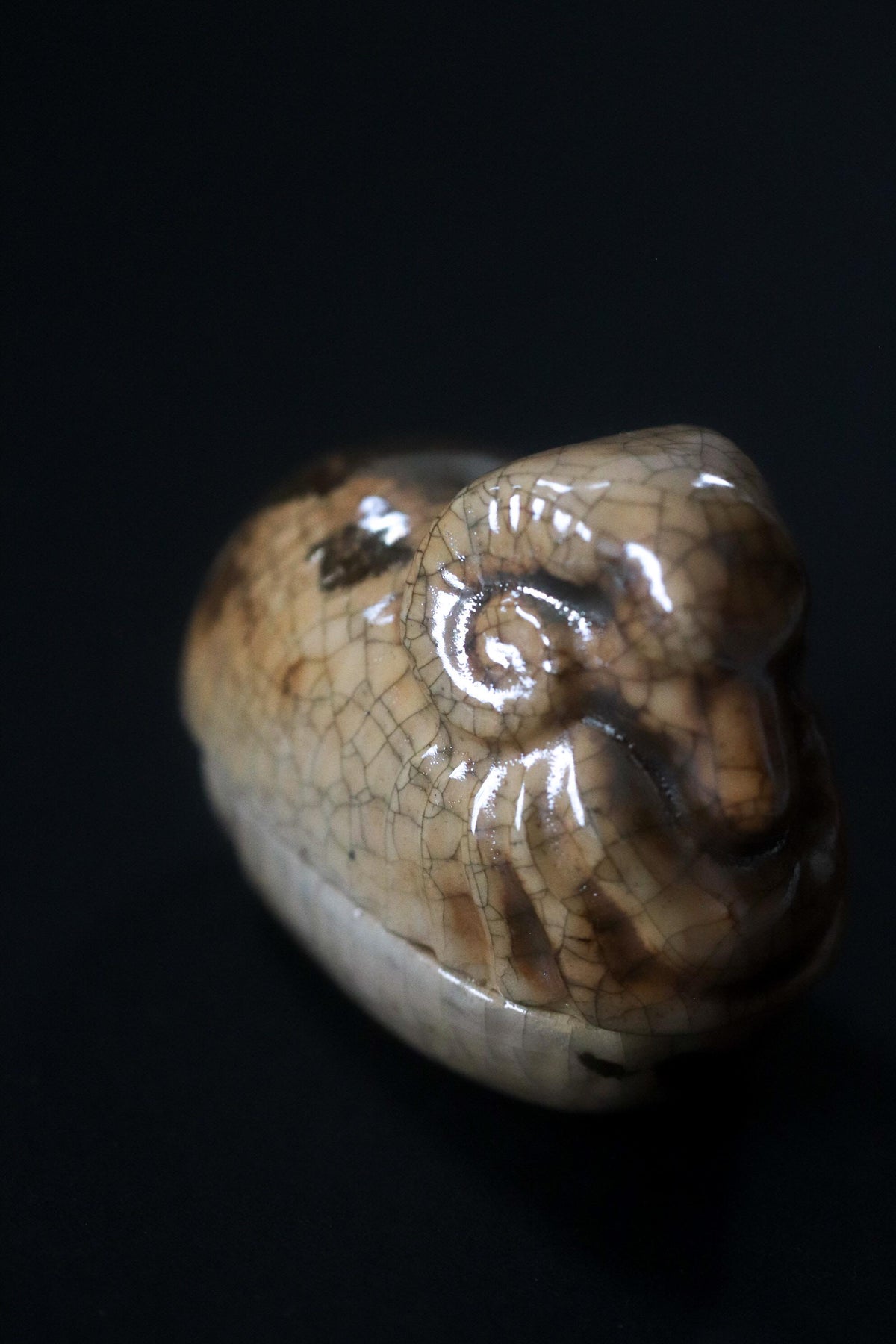 Vintage Japanese Kogo Incense Container, Sculptural Zodiac Sheep Ceramic, Crackle Glaze, Japanese Tea Ceremony Object, Original Box