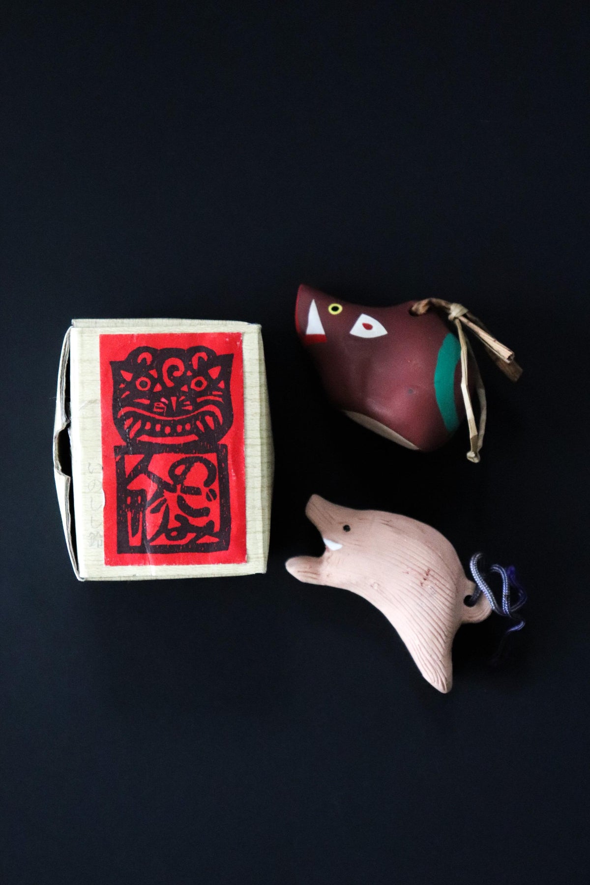 Vintage Nogomi Dolls Set of 2, Japanese Boar Zodiac Clay Bells, Saga Folk Art, Original Box
