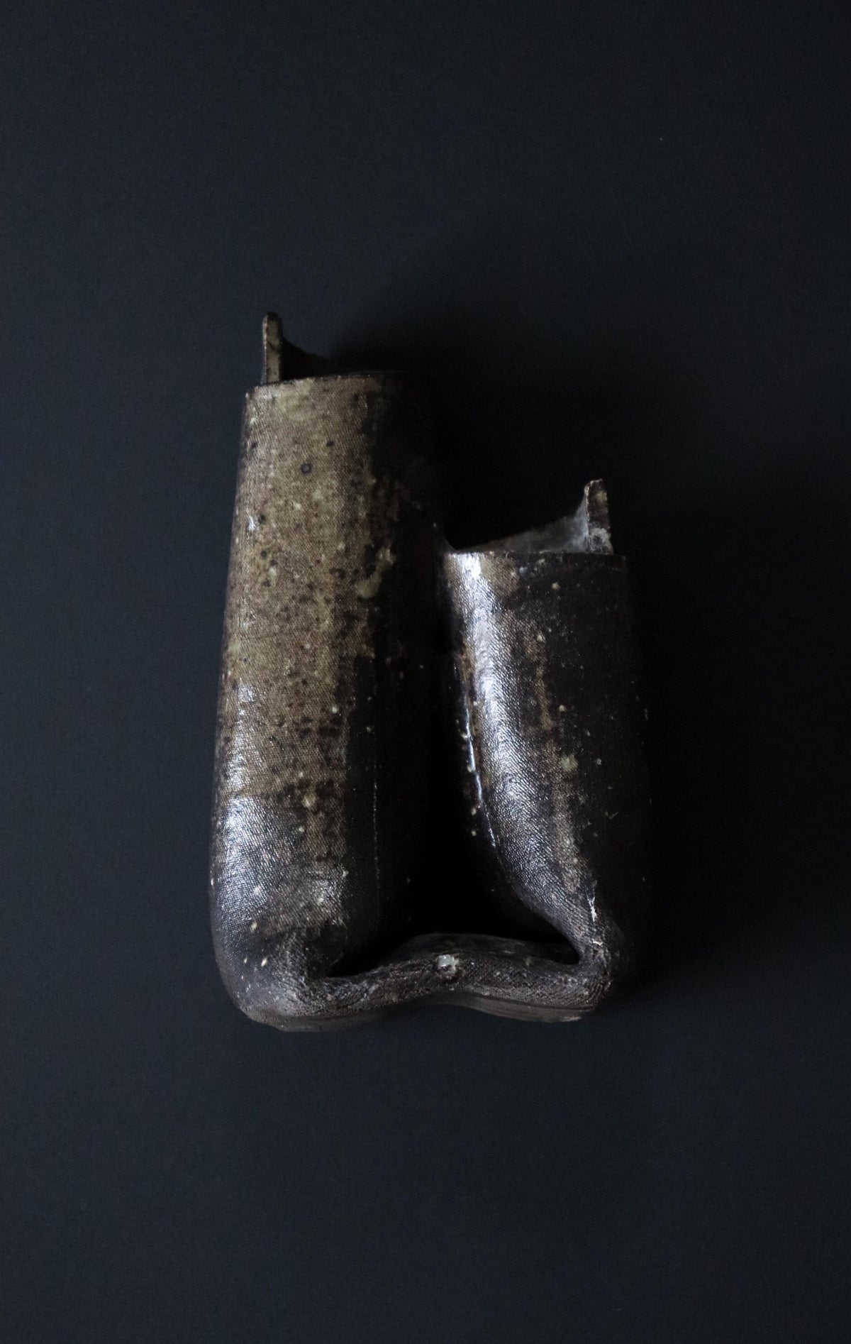 Vintage Japanese Double Ikebana Vase, Handmade Tatara Ceramic with Nunome Texture, Sculptural Flower Vessel