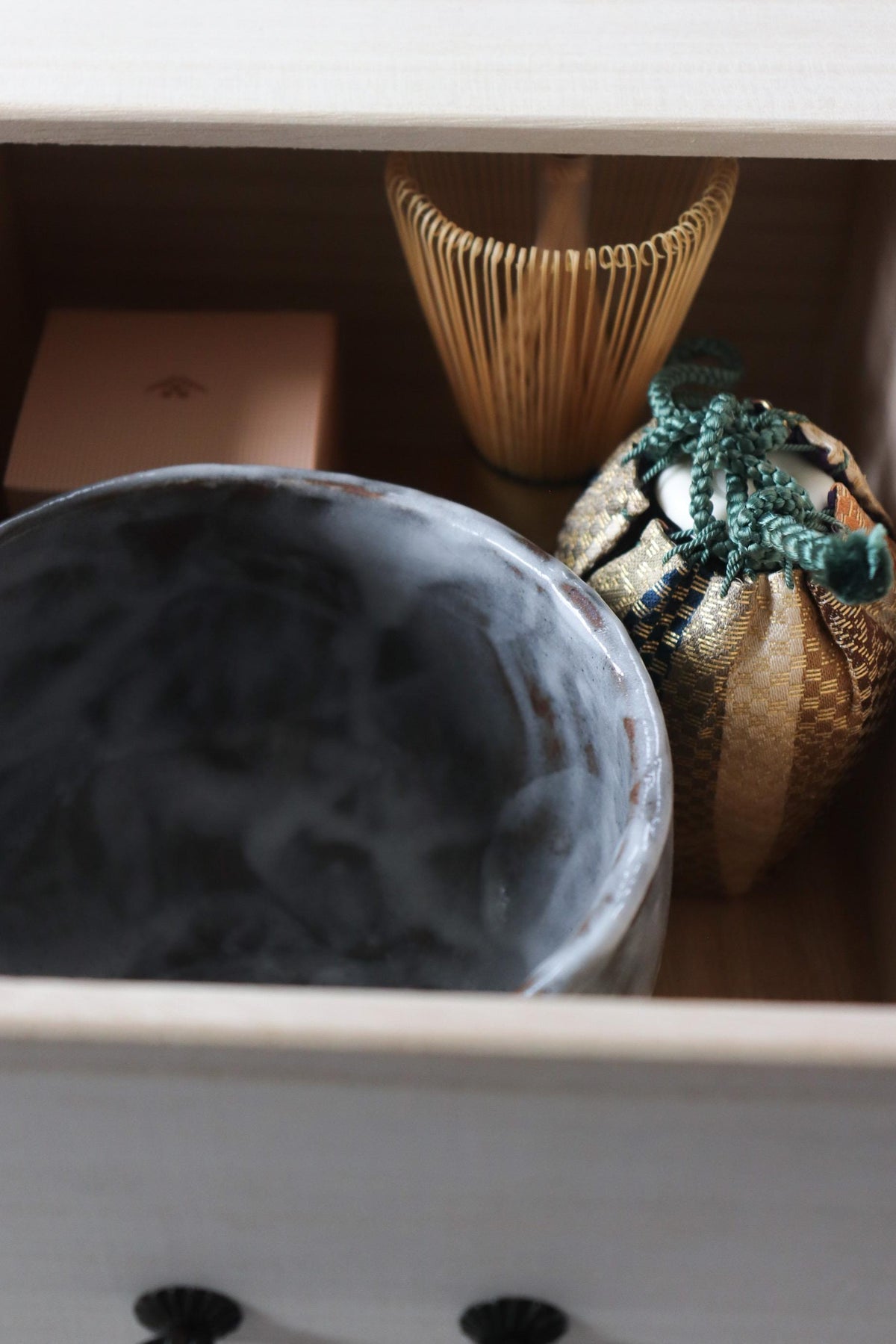 Vintage Japanese Katatsuki Chaire Tea Caddy | Black Glazed Ceramic with Shifuku Pouch | Tea Ceremony Utensil