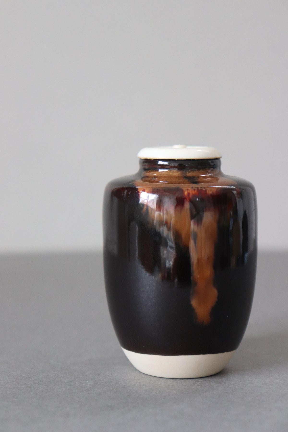 Vintage Japanese Katatsuki Chaire Tea Caddy, Brown Black Glazed Ceramic with Shifuku Pouch, Japanese Tea Ceremony Utensil