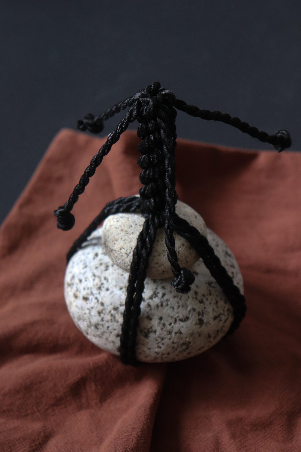 Japanese Sekimori-ishi Barrier Stone, Double Niigata Natural Stone with Black Garden Rope, Wabi Sabi Sculpture