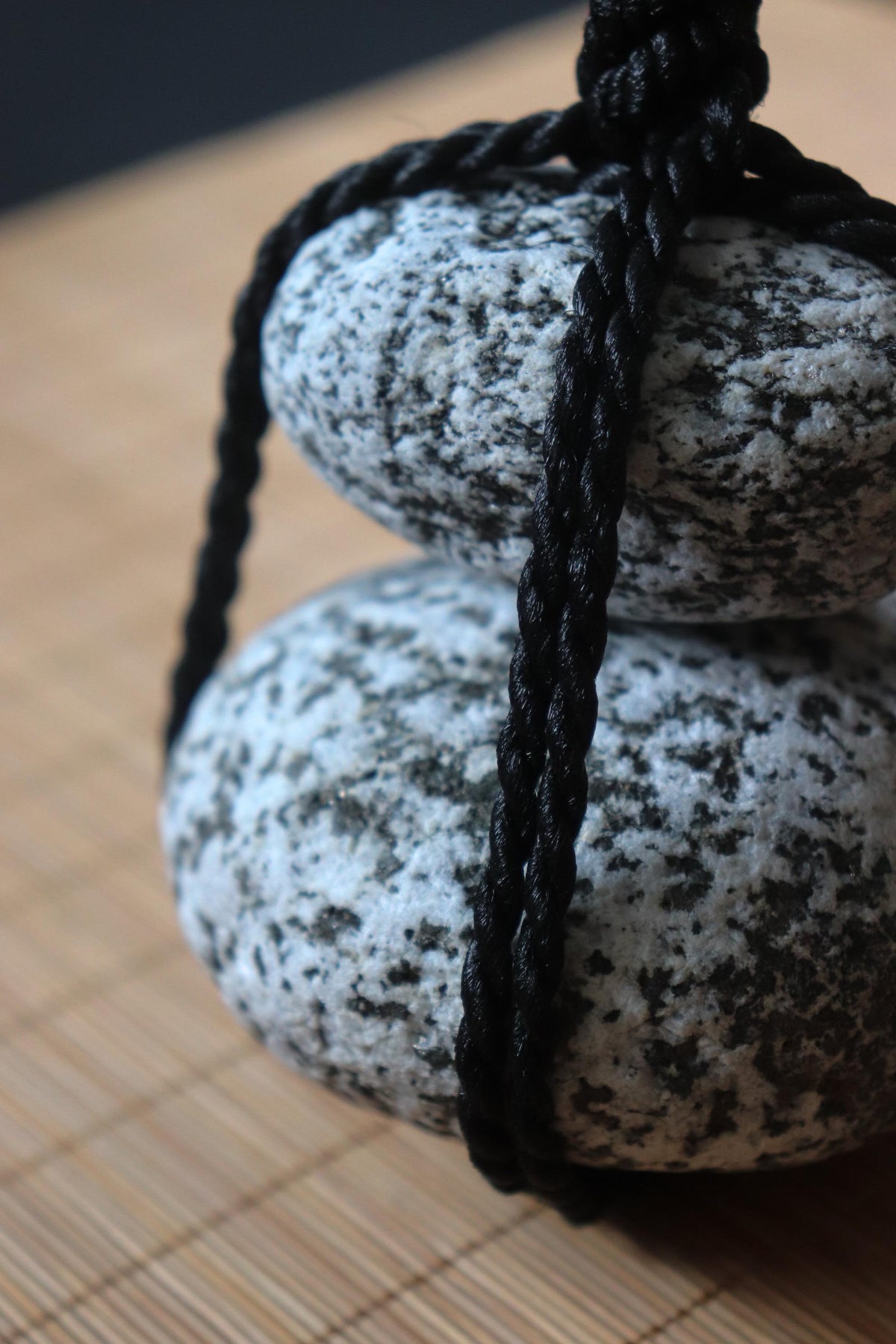 Japanese Sekimori-ishi Barrier Stone, Double Niigata Natural Stone with Black Garden Rope, Wabi Sabi Sculpture