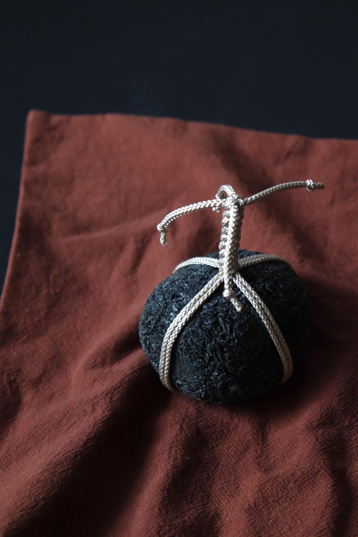 Japanese Sekimori-ishi Barrier Stone, Hokkaido Obsidian with Edo-Style Braided Cord, Wabi Sabi Garden Object