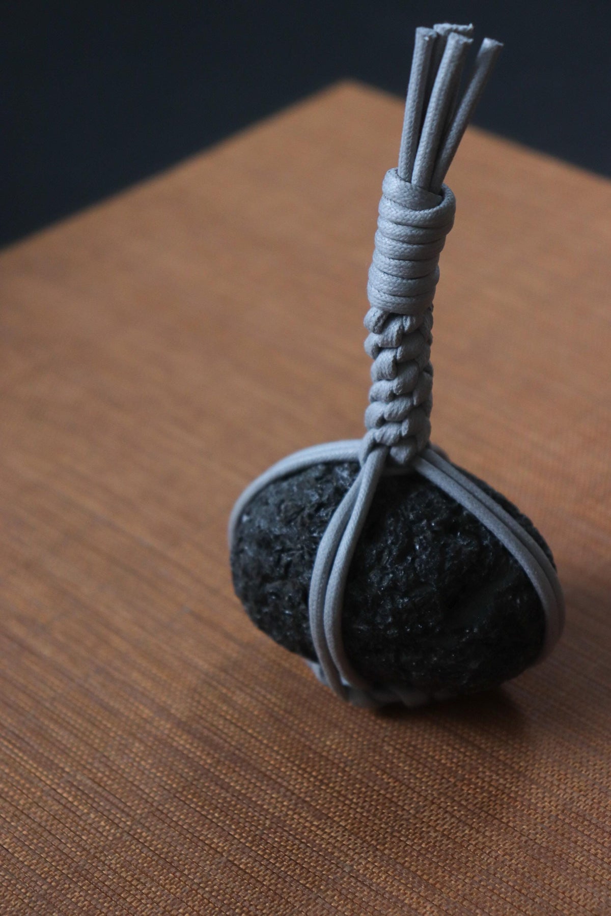 Japanese Sekimori-ishi Barrier Stone, Hokkaido Obsidian with White Waxed Cord, Wabi Sabi Garden Object