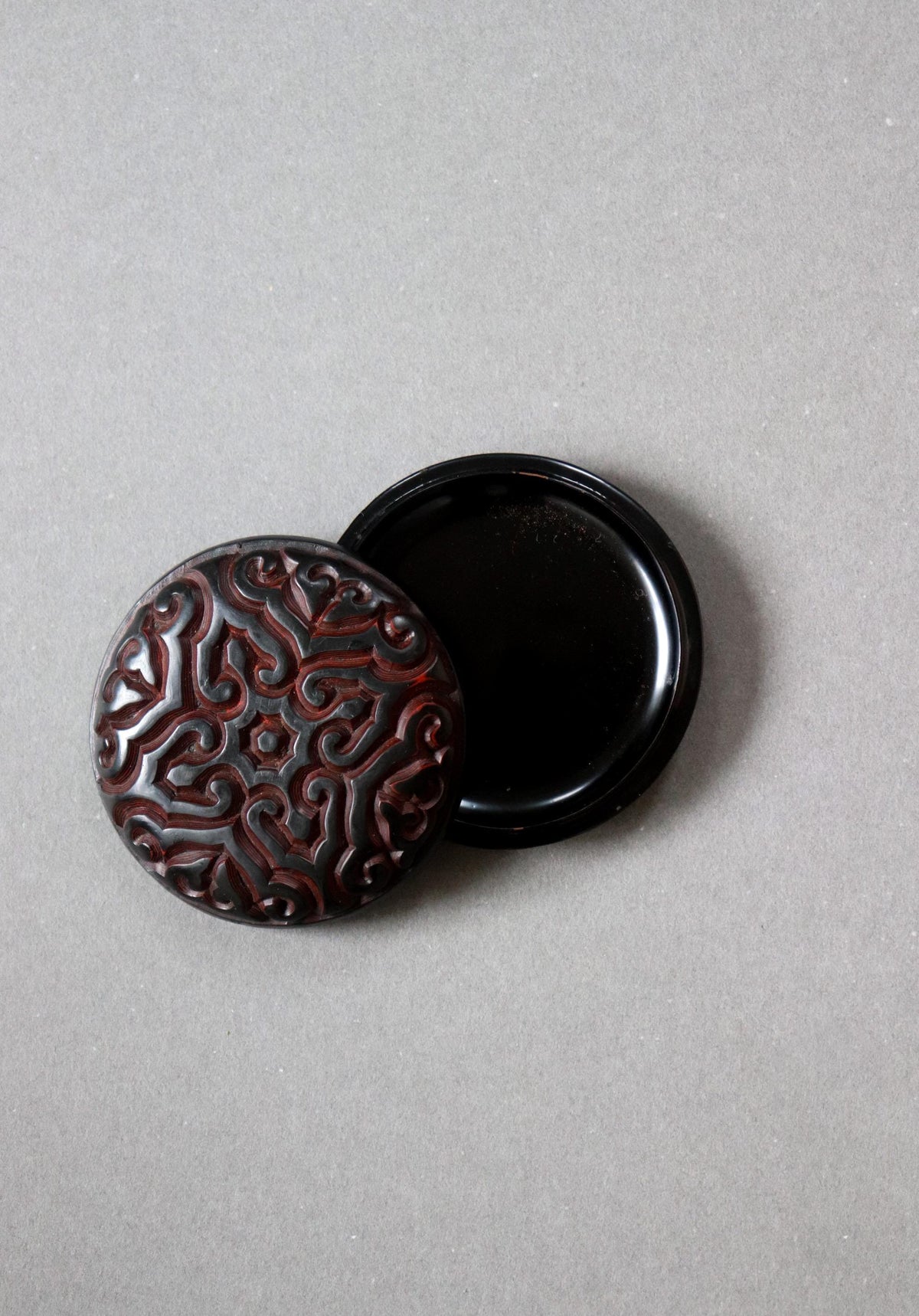 Vintage Japanese Carved Kogo Incense Container | Red & Black Lacquer-Style Tea Ceremony Box | Signed Wooden Box