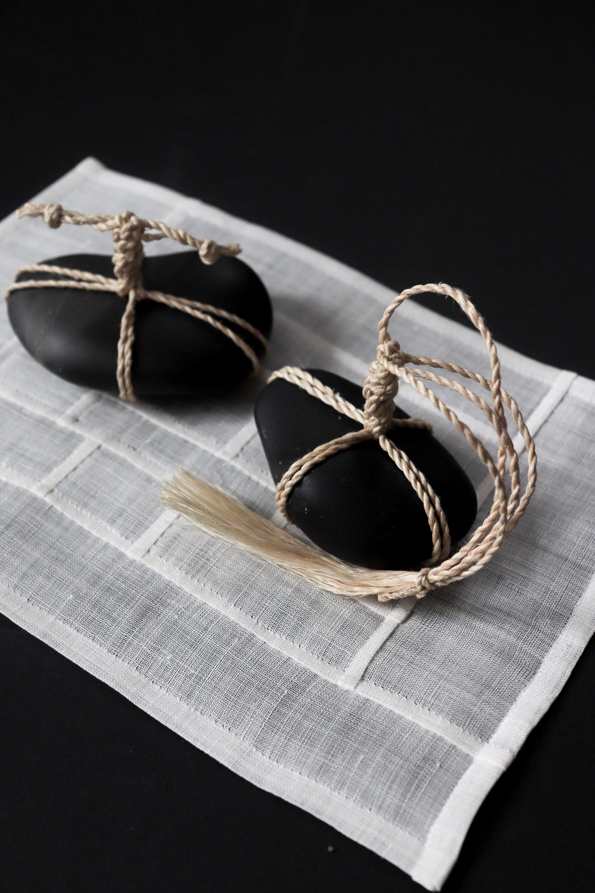 Japanese Sekimori-ishi Barrier Stone, Polished Nachiguro Stone with Hand-Braided Seima Hemp, Wabi Sabi Object