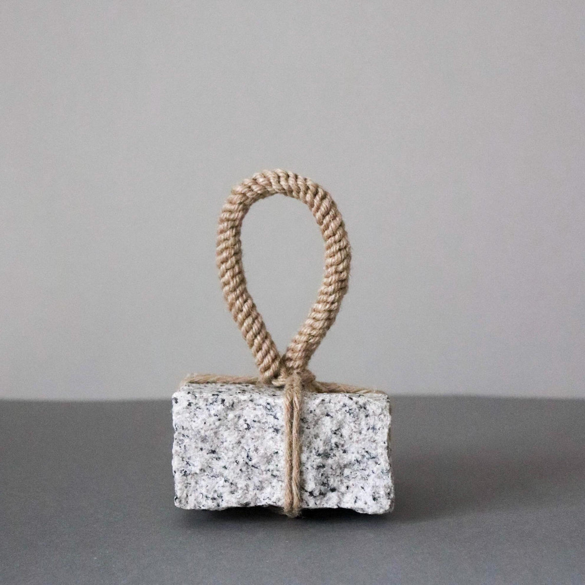 Japanese Sekimori-ishi Barrier Stone, Square Natural Stone with Hemp Cord, Wabi Sabi Sculptural Object