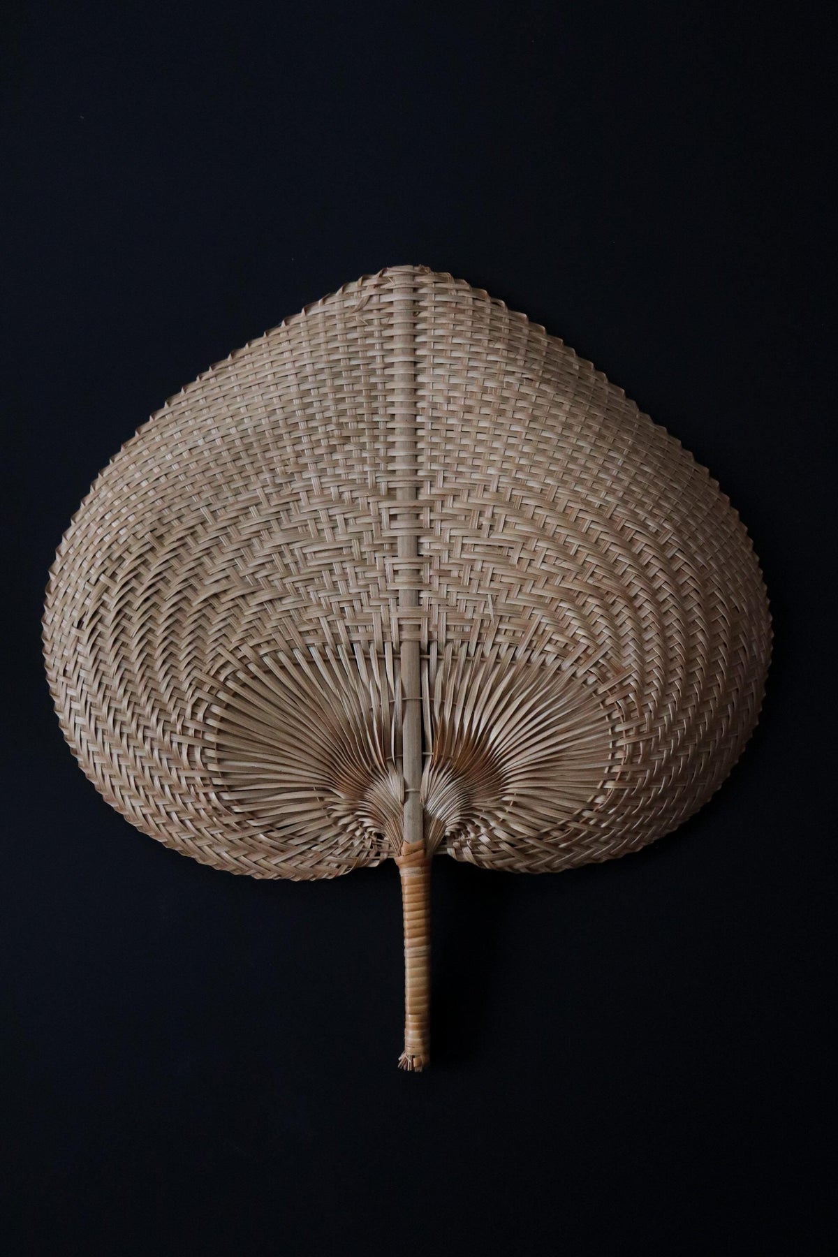 Vintage Japanese Handwoven Fans Set of 2, Showa Era Mingei, Natural Fiber Folk Art Wall Objects