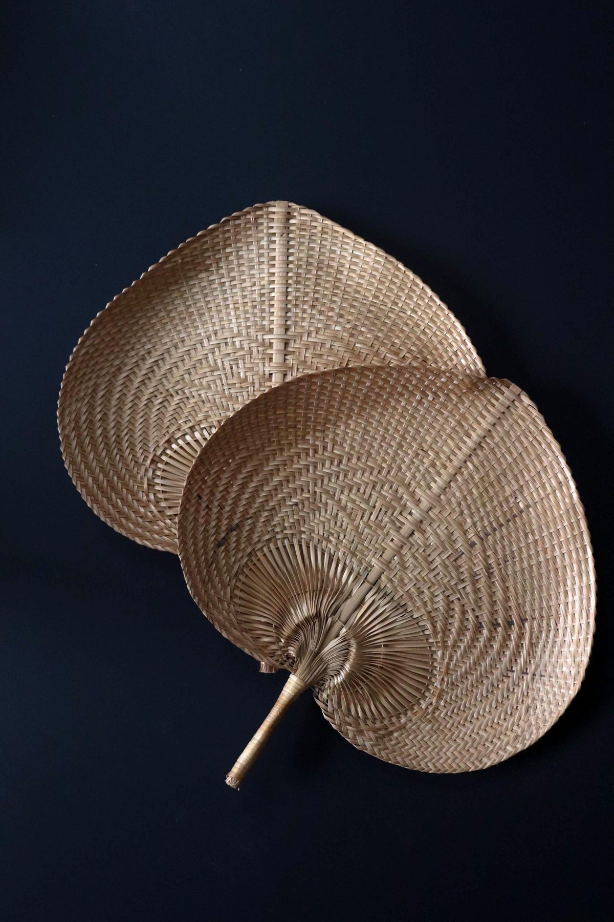 Vintage Japanese Handwoven Fans Set of 2, Showa Era Mingei, Natural Fiber Folk Art Wall Objects