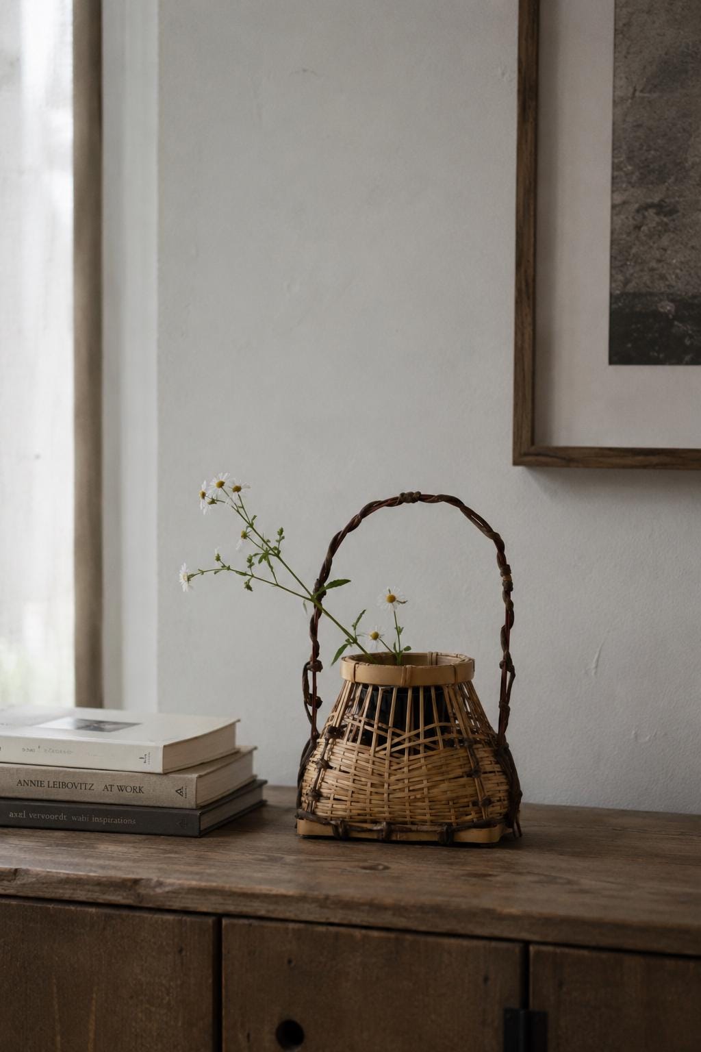 Vintage Japanese Bamboo Hanakago, Small Ikebana Flower Basket with Liner, Tea Ceremony Decor
