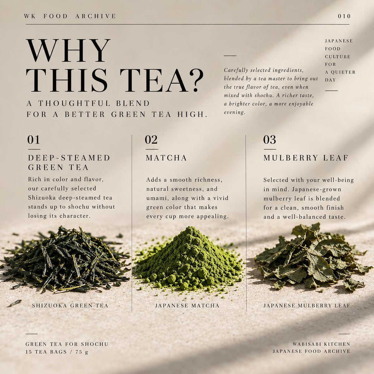 Japanese Green Tea for Shochu, Green Tea High Blend, Shizuoka Sencha with Matcha & Mulberry Leaf, 15 Tea Bags, Made in Japan