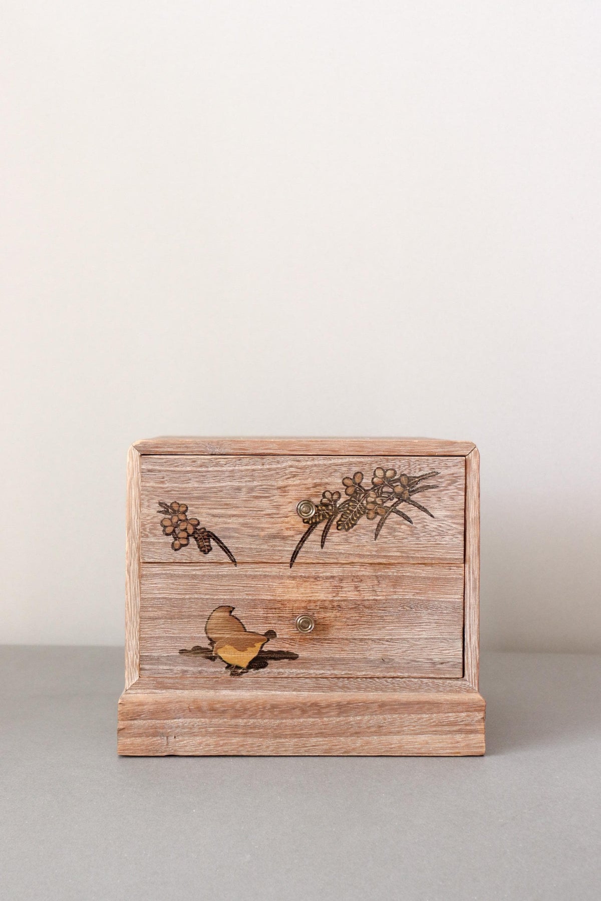 Vintage Japanese Aizu Kiri Paulownia Wood Two Drawer Chest, Floral and Butterfly Inlay, Traditional Wooden Jewelry Box