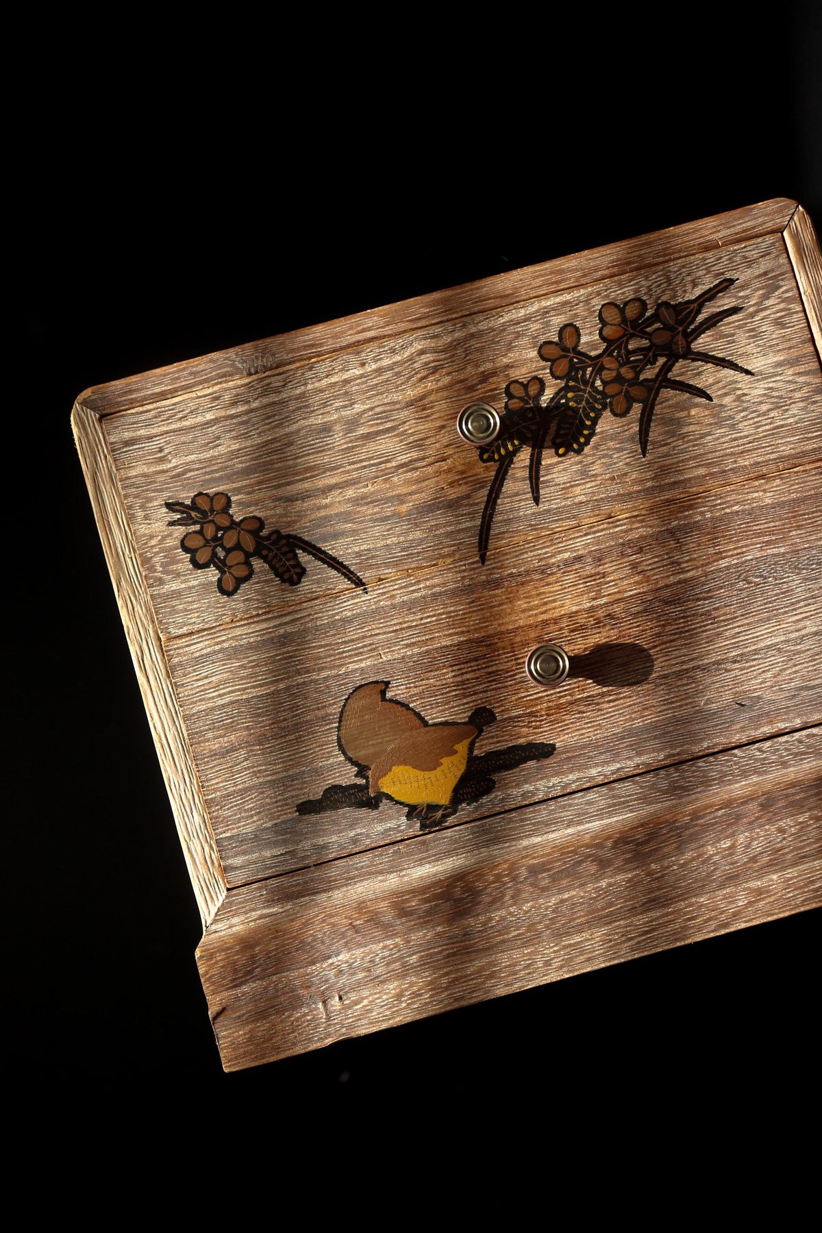 Vintage Japanese Aizu Kiri Paulownia Wood Two Drawer Chest, Floral and Butterfly Inlay, Traditional Wooden Jewelry Box