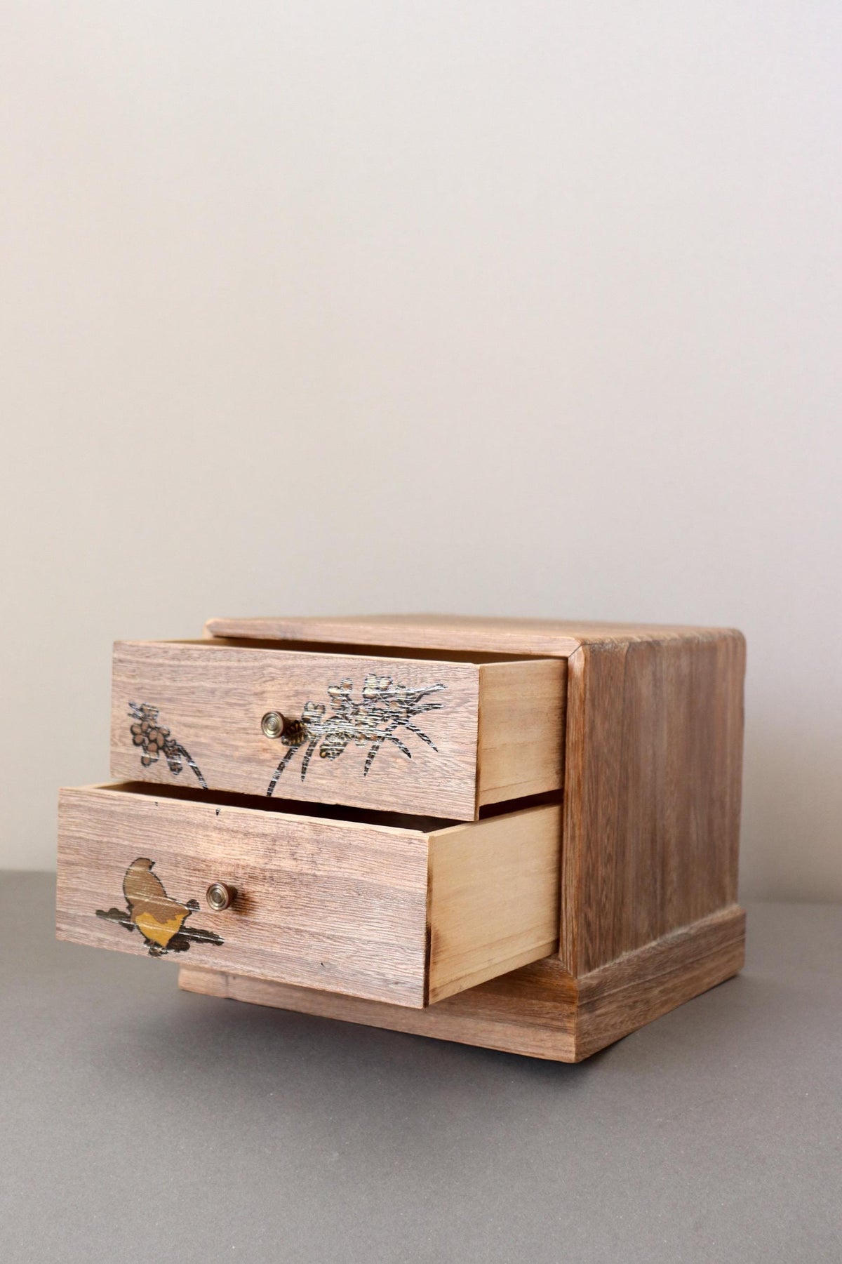 Vintage Japanese Aizu Kiri Paulownia Wood Two Drawer Chest, Floral and Butterfly Inlay, Traditional Wooden Jewelry Box