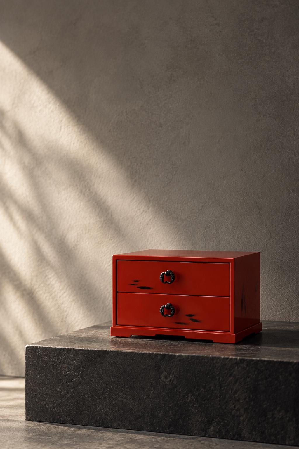 Vintage Japanese Negoro Lacquer 2-Drawer Chest, Vermilion and Black Lacquerware, Small Tansu Storage Box, Japanese Home Decor