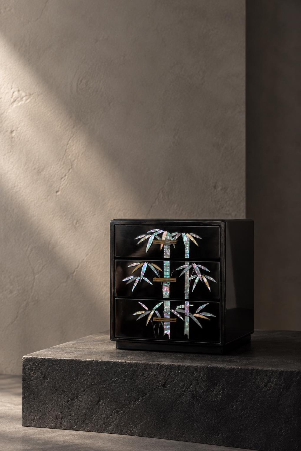 Vintage Japanese Raden Lacquer 3-Drawer Chest, Mother of Pearl Inlay Bamboo Tansu, Black Lacquerware Jewelry Storage Box