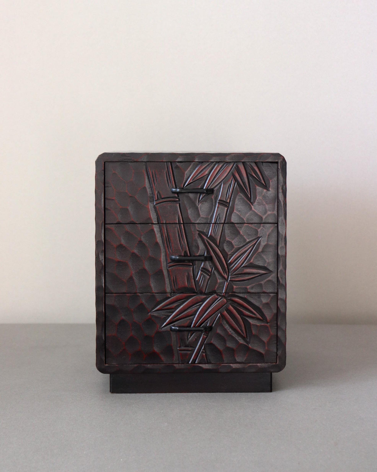 Vintage Japanese Kamakura Bori Three Drawer Chest, Hand Carved Bamboo Lacquered Wood Jewelry Box, Traditional Japanese Storage Cabinet