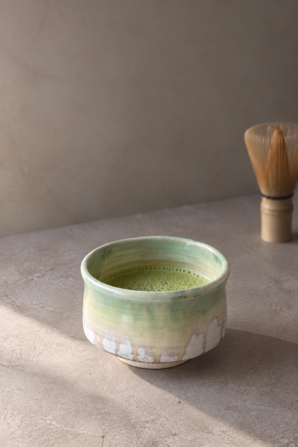 Japanese Matcha Bowl, Green Mino Ware Chawan, Nodate Tea Bowl, Handmade Ceramic Matcha Bowl, Made in Japan