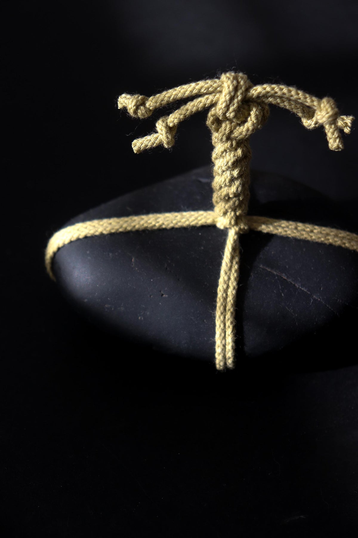 Japanese Sekimori Stone, Nachi Black Stone, Matcha Green Cord, Wabi Sabi Object, Japanese Garden Decor, One of a Kind