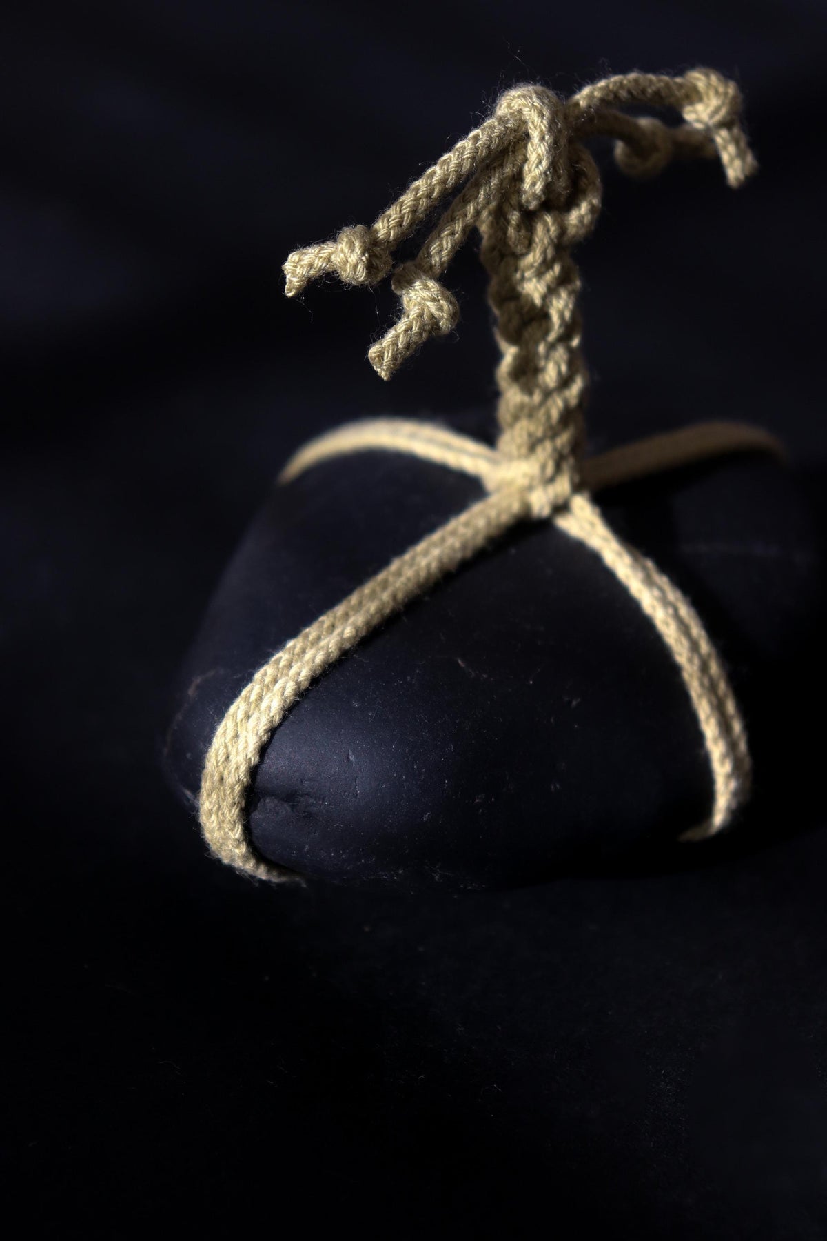 Japanese Sekimori Stone, Nachi Black Stone, Matcha Green Cord, Wabi Sabi Object, Japanese Garden Decor, One of a Kind