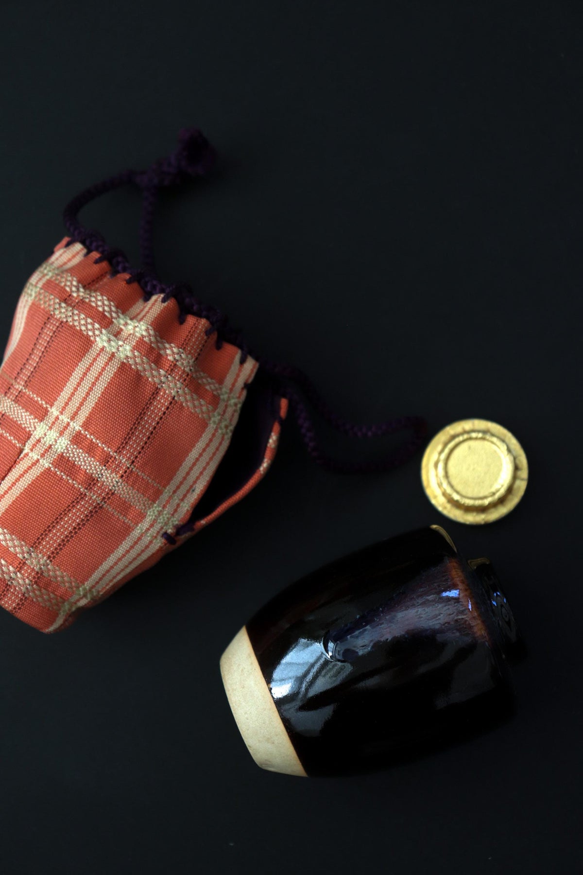 Vintage Japanese Chaire Tea Caddy with Silk Shifuku, Pink Plaid Tea Ceremony Pouch, Glazed Ceramic Matcha Tea Jar