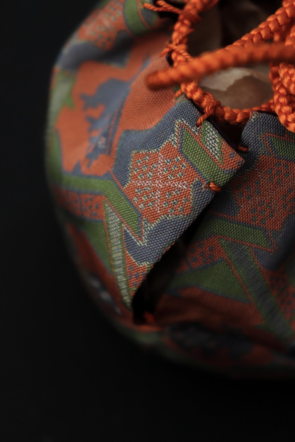 Japanese Shifuku Silk Style Drawstring Pouch, Geometric Pattern Tea Ceremony Bag, Vintage Textile Art Object