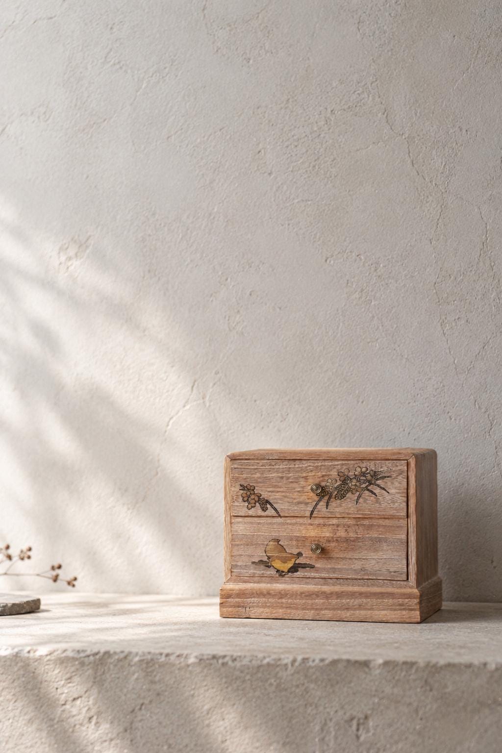 Vintage Japanese Aizu Kiri Paulownia Wood Two Drawer Chest, Floral and Butterfly Inlay, Traditional Wooden Jewelry Box