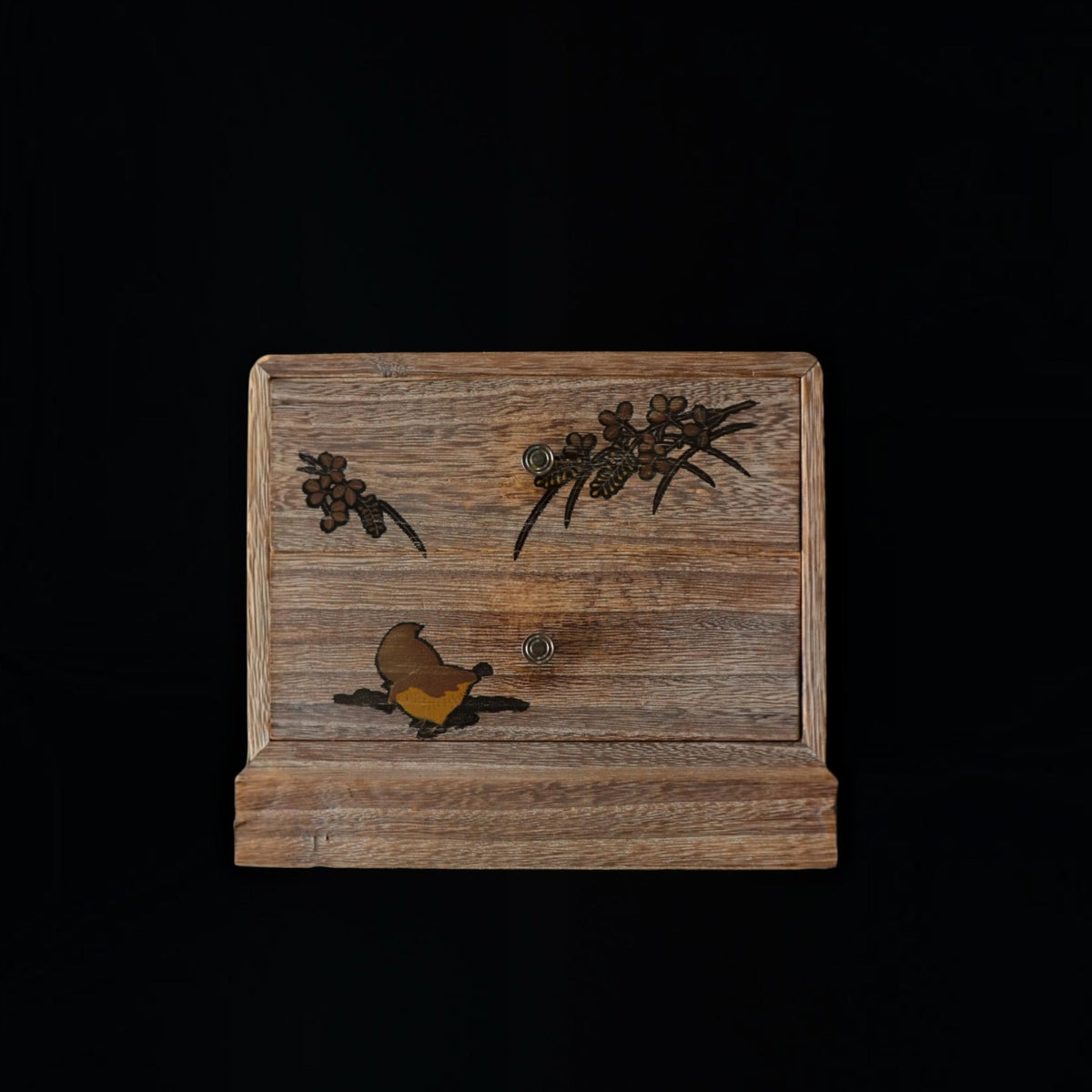 Vintage Japanese Aizu Kiri Paulownia Wood Two Drawer Chest, Floral and Butterfly Inlay, Traditional Wooden Jewelry Box