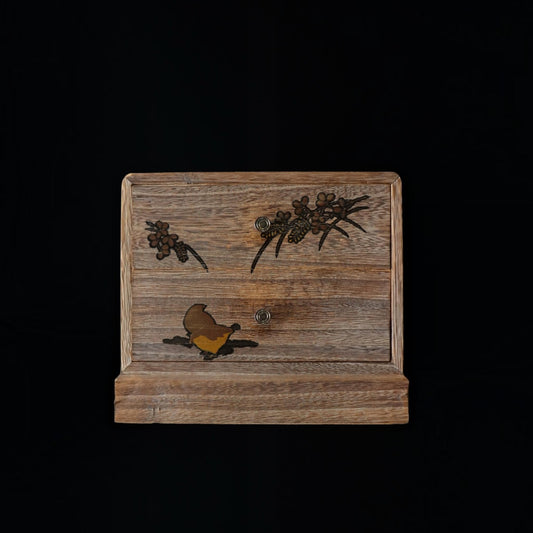 Vintage Japanese Aizu Kiri Paulownia Wood Two Drawer Chest, Floral and Butterfly Inlay, Traditional Wooden Jewelry Box