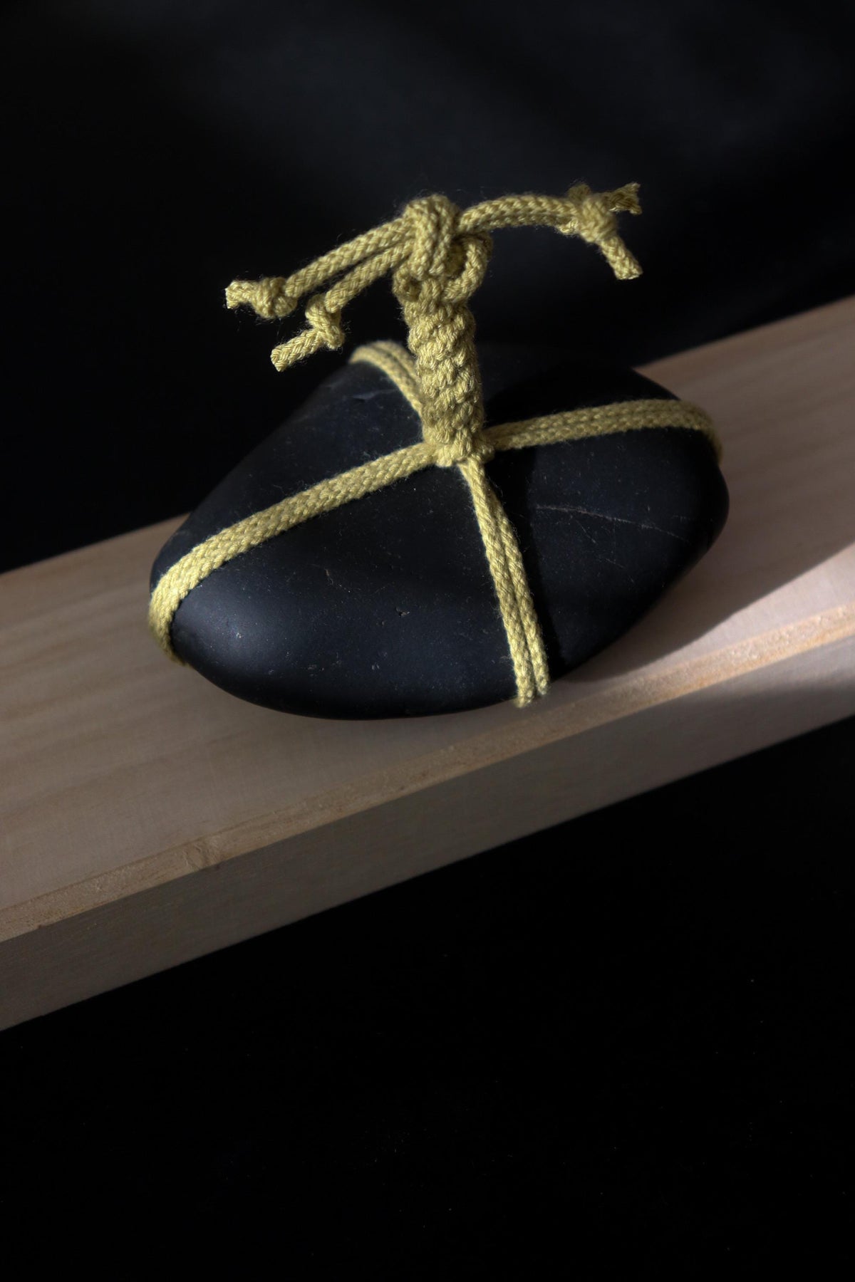 Japanese Sekimori Stone, Nachi Black Stone, Matcha Green Cord, Wabi Sabi Object, Japanese Garden Decor, One of a Kind