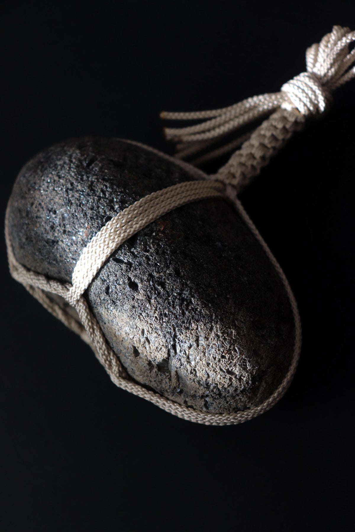 Japanese Sekimori Stone, Hokkaido Obsidian, Large 702g Natural Stone Object, Edo Cord, Wabi Sabi Sculpture, One of a Kind