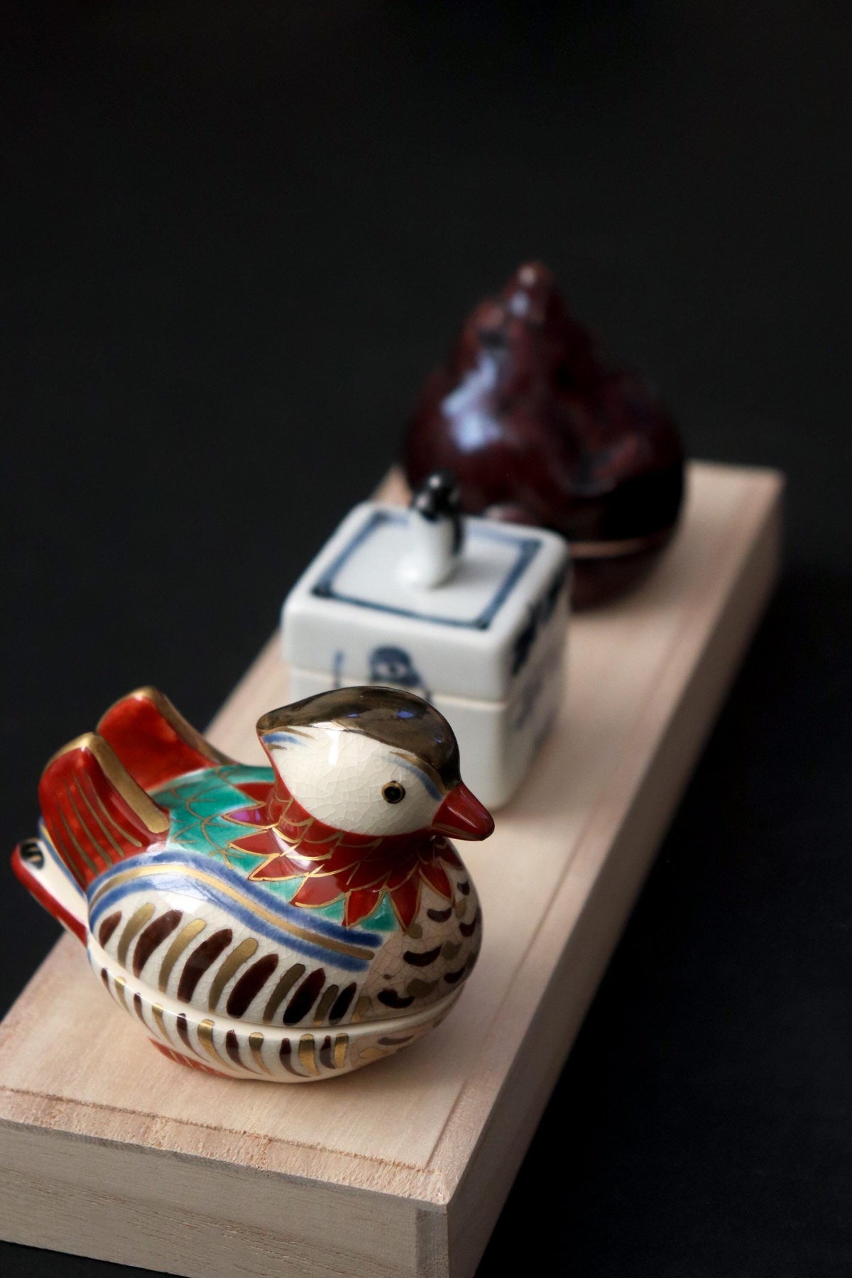 Japanese Mandarin Duck Kogo Incense Box, Omuro Kiln Style, Colorful Ceramic Bird Sculpture, Tea Ceremony Art
