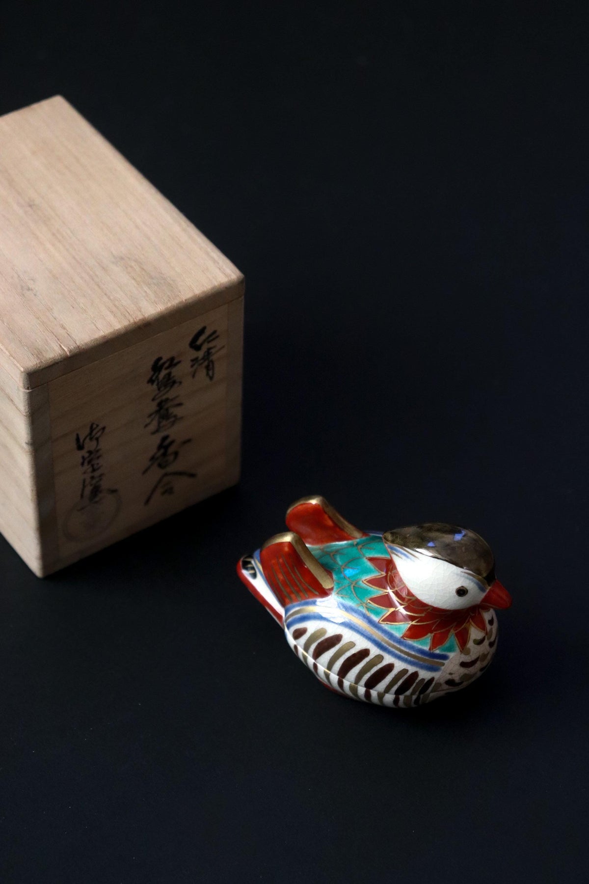 Japanese Mandarin Duck Kogo Incense Box, Omuro Kiln Style, Colorful Ceramic Bird Sculpture, Tea Ceremony Art