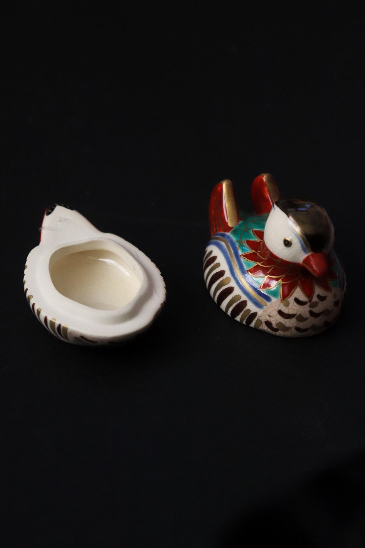 Japanese Mandarin Duck Kogo Incense Box, Omuro Kiln Style, Colorful Ceramic Bird Sculpture, Tea Ceremony Art